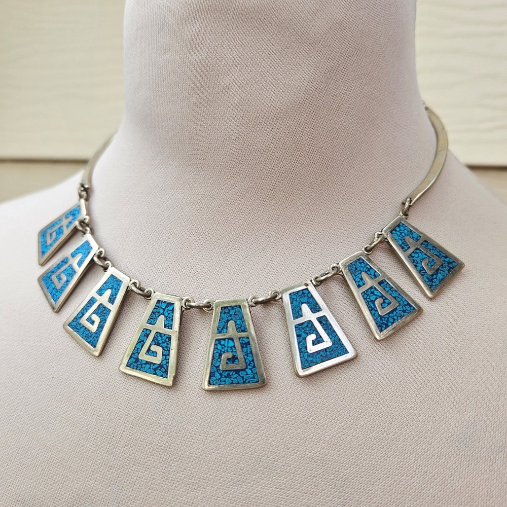 Vintage Alpaca Mexico Turquoise Inlay Geometric Collar Necklace Silver Tone